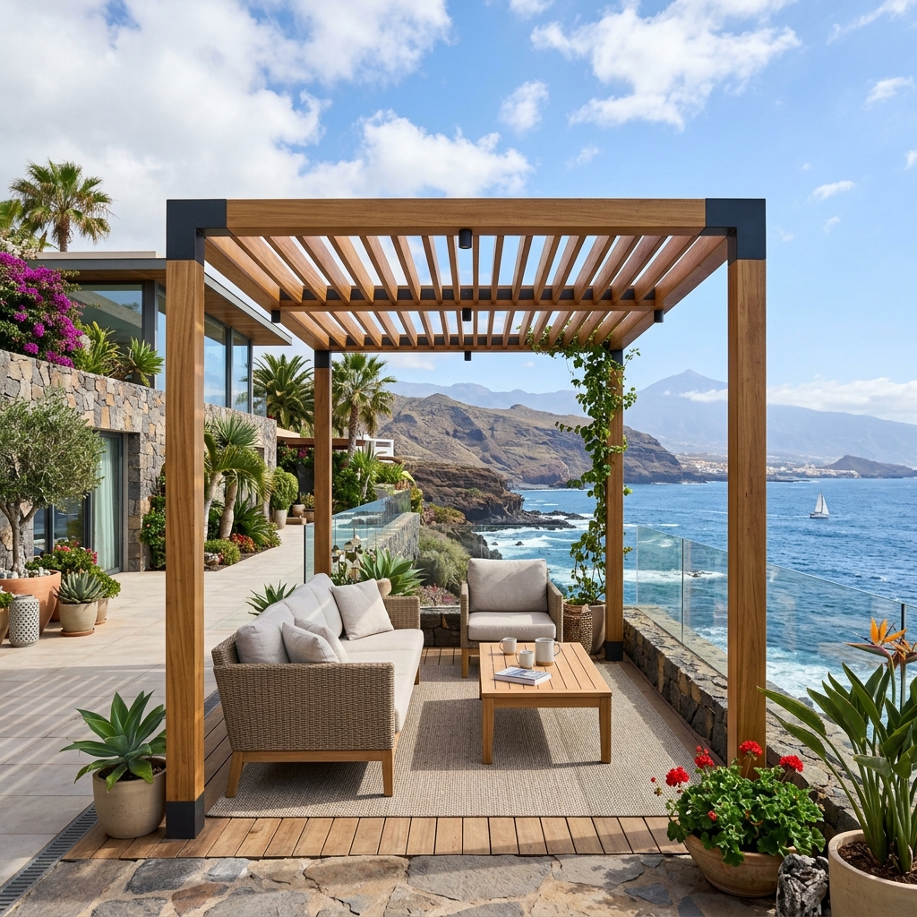 Pérgola de madera contemporánea en terraza con vistas al océano en Tenerife