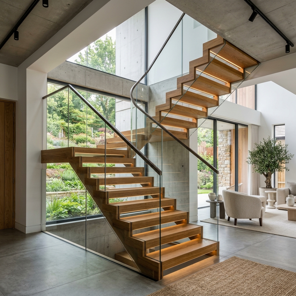 Escalera volada de diseño en madera noble con vidrio templado en Tenerife