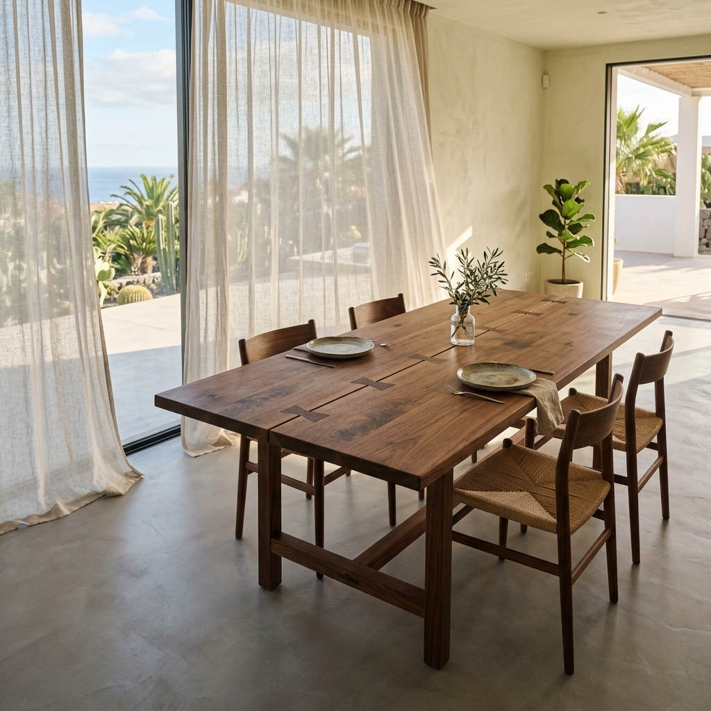 Mesa de comedor maciza en nogal con ensambles mariposa en Tenerife